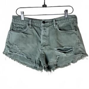 Free People We The Free Sage Green Denim Mini Shorts Button Fly Raw Hem  Sz 29/8